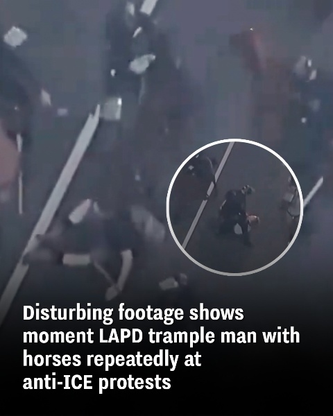 shows moment LAPD trample man with horses repeatedly at anti-ICE protests