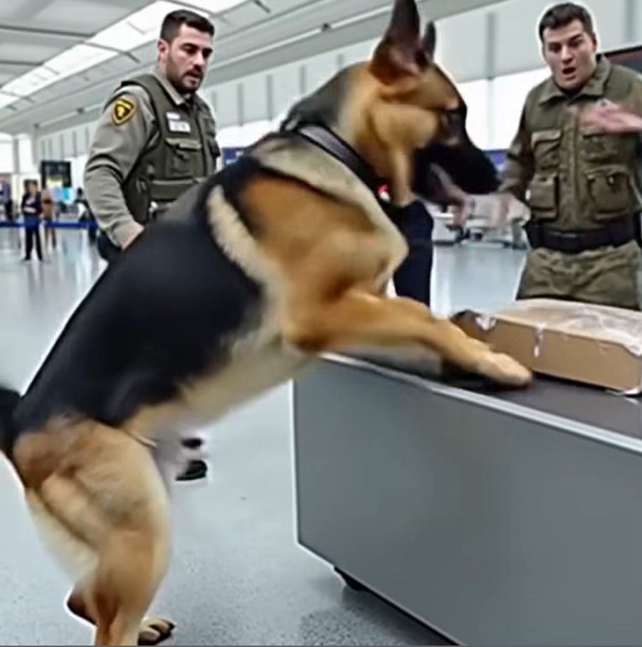 Police Dog Sniffing Bags as They Roll On Baggage Carousel