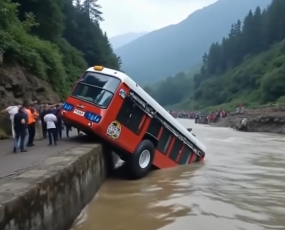 Moments of Horror: Bus Dragged Into Furious River — Chaos as Floodwaters Consume All! 🌊😱