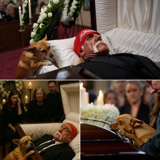 TOUCHING TRIBUTE: At WWE legend Hulk Hogan’s final farewell, surrounded by white wreaths and soft candlelight, his beloved Chihuahua Duke was gently carried by family to rest beside the casket