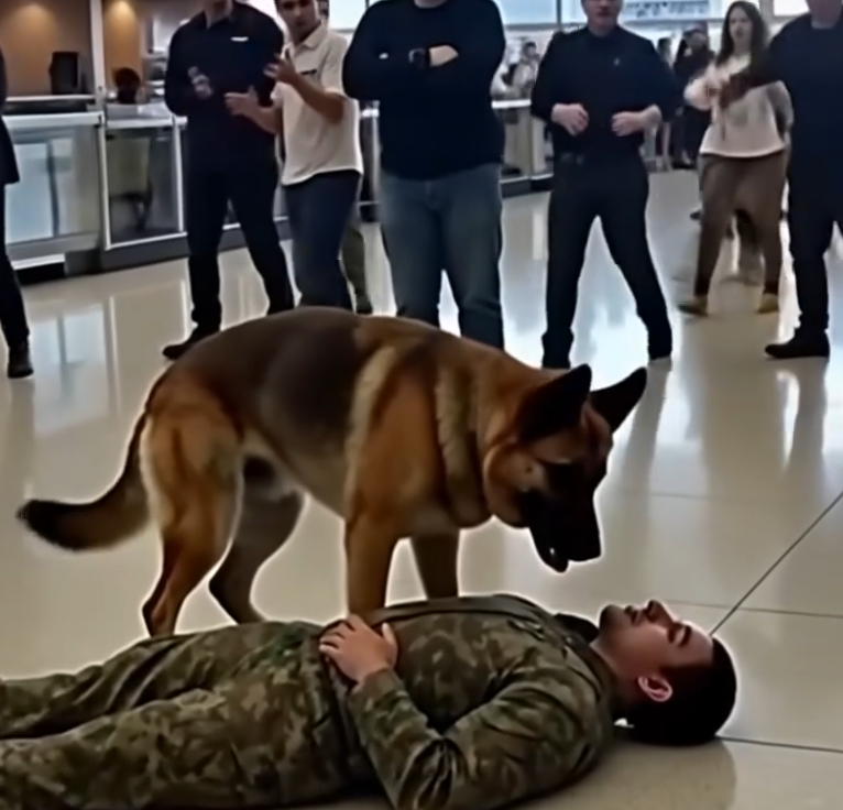 Loyal Dog Stands Guard While Soldier Naps at Busy Airport