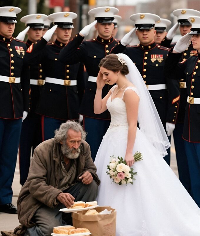 For six years, a compassionate young baker silently brought warm meals to a quiet homeless man—never once inquiring about his identity. But on her wedding day, twelve Marines in full dress uniform entered the ceremony… and what happened next amazed everyone.