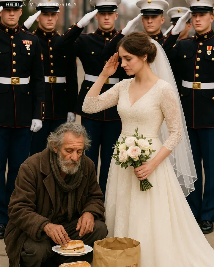 For six years, a young baker left warm food on a bench for a quiet homeless man—never asking his name. On her wedding day, 12 uniformed Marines showed up… and what happened next left everyone speechless.
